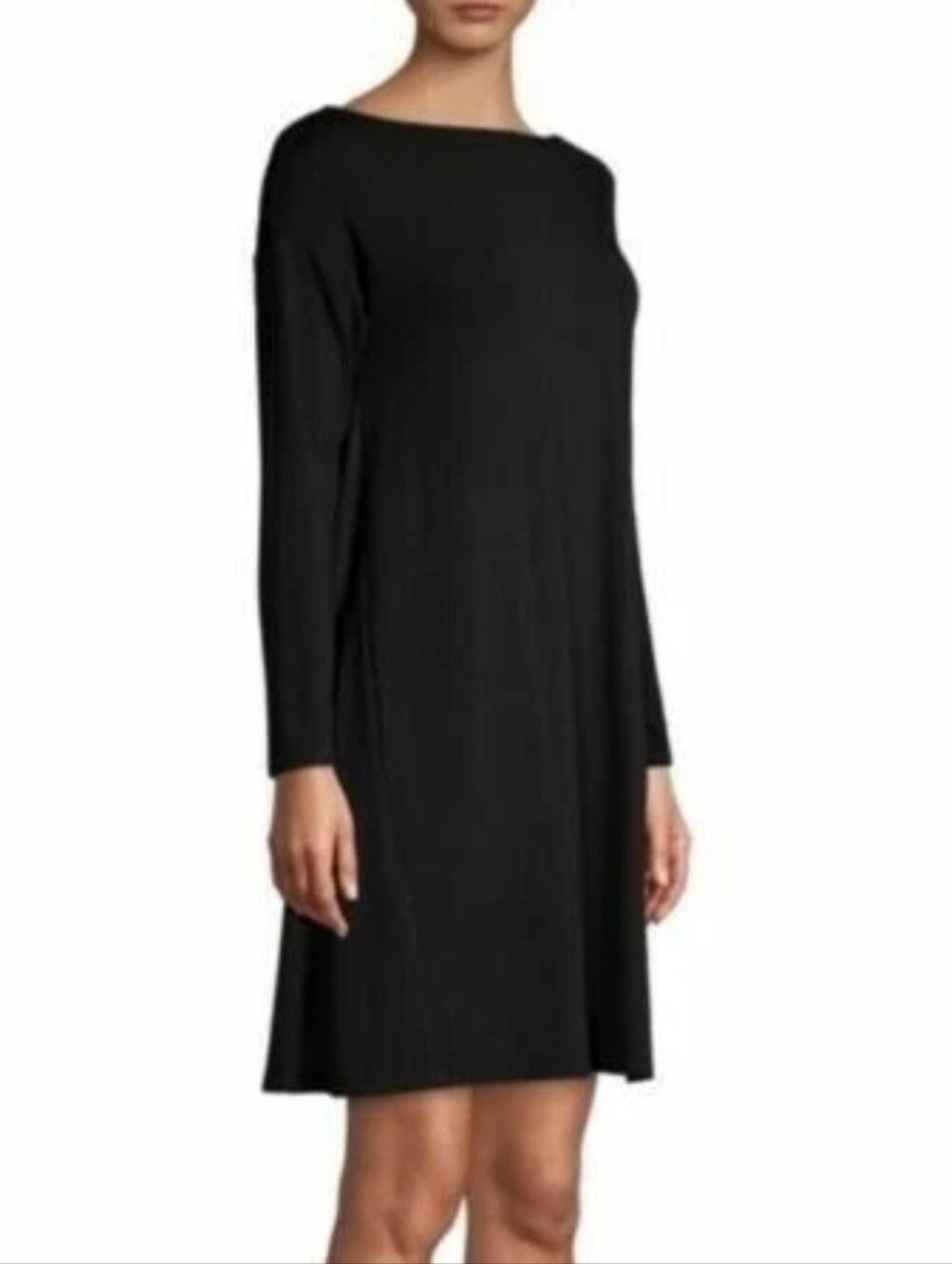 Eileen Fisher Classic A-Line Twist Back Long Sleeve Jersey Dress Black Size PM